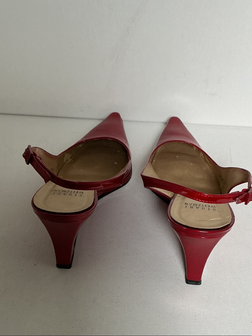 Stuart Weitzman Pointed Toe Slingback Ruby Red Patent Leather Wedge - Picture 3 of 9